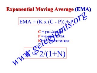Exponential Moving Average  (EMA) EMA  = (K x (C - P)) + P C  =  үнэ /хаалт/ P  =  өмнөх  EMA K  =  тэгшитгэх тоо K = 2/(1+N) www.gelegjamts.org 
