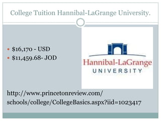 College Tuition Hannibal-LaGrange University.$16,170 - USD$11,459.68- JODhttp://www.princetonreview.com/schools/college/CollegeBasics.aspx?iid=1023417