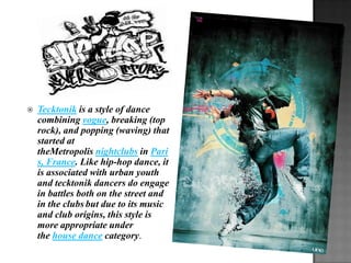 Counts 5 a6 - Chasse to the rightMAMBOThe Mambo dance originated in Cuba where there were substantial settlements of Haitians. In the back country of Haiti, the "Mambo" is a voodoo priestess, who serves the villagers as counselor, healer, exorcist, soothsayer, spiritual advisor, and organizer of public entertainment. However, there is not a folk dance in Haiti called the "Mambo."The fusion of Swing and Cuban music produced this fascinating rhythm and in turn created a new sensational dance. 