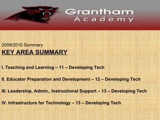 2009/2010 Summary KEY AREA SUMMARY I. Teaching and Learning – 11 – Developing Tech II. Educator Preparation and Development – 12 – Developing Tech III. Leadership, Admin., Instructional Support – 13 – Developing Tech IV. Infrastructure for Technology – 13 – Developing Tech 