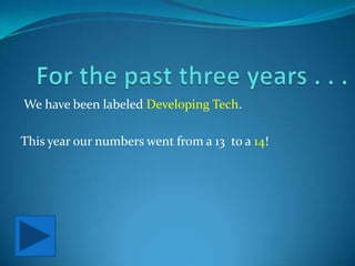 For the past three years . . . We have been labeled Developing Tech.This year our numbers went from a 13  to a 14!