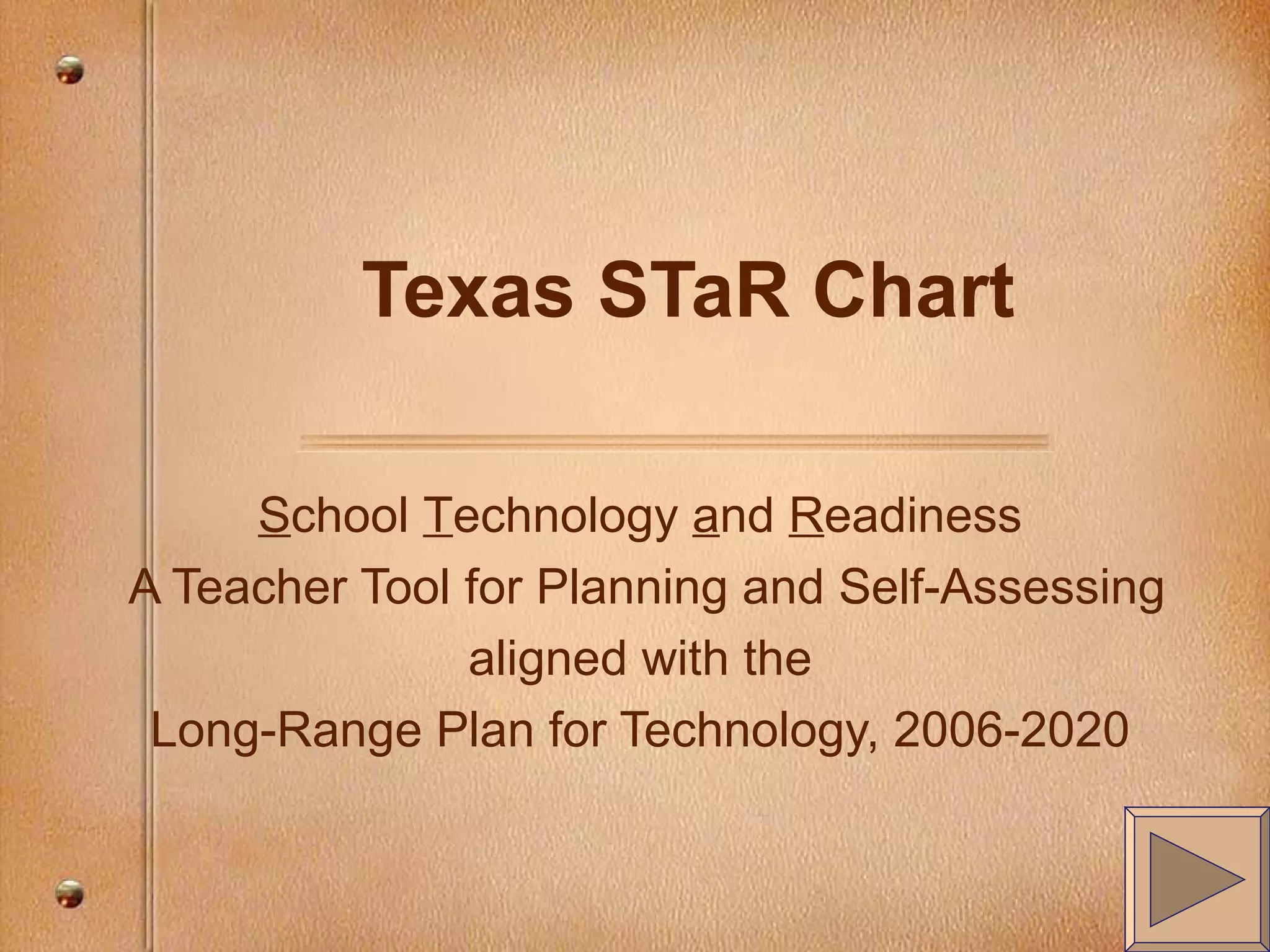 Texas STaR Chart S chool T echnology a nd R eadiness A Teacher Tool for Planning and Self-Assessing aligned with the Long-Range Plan for Technology, 2006-2020
