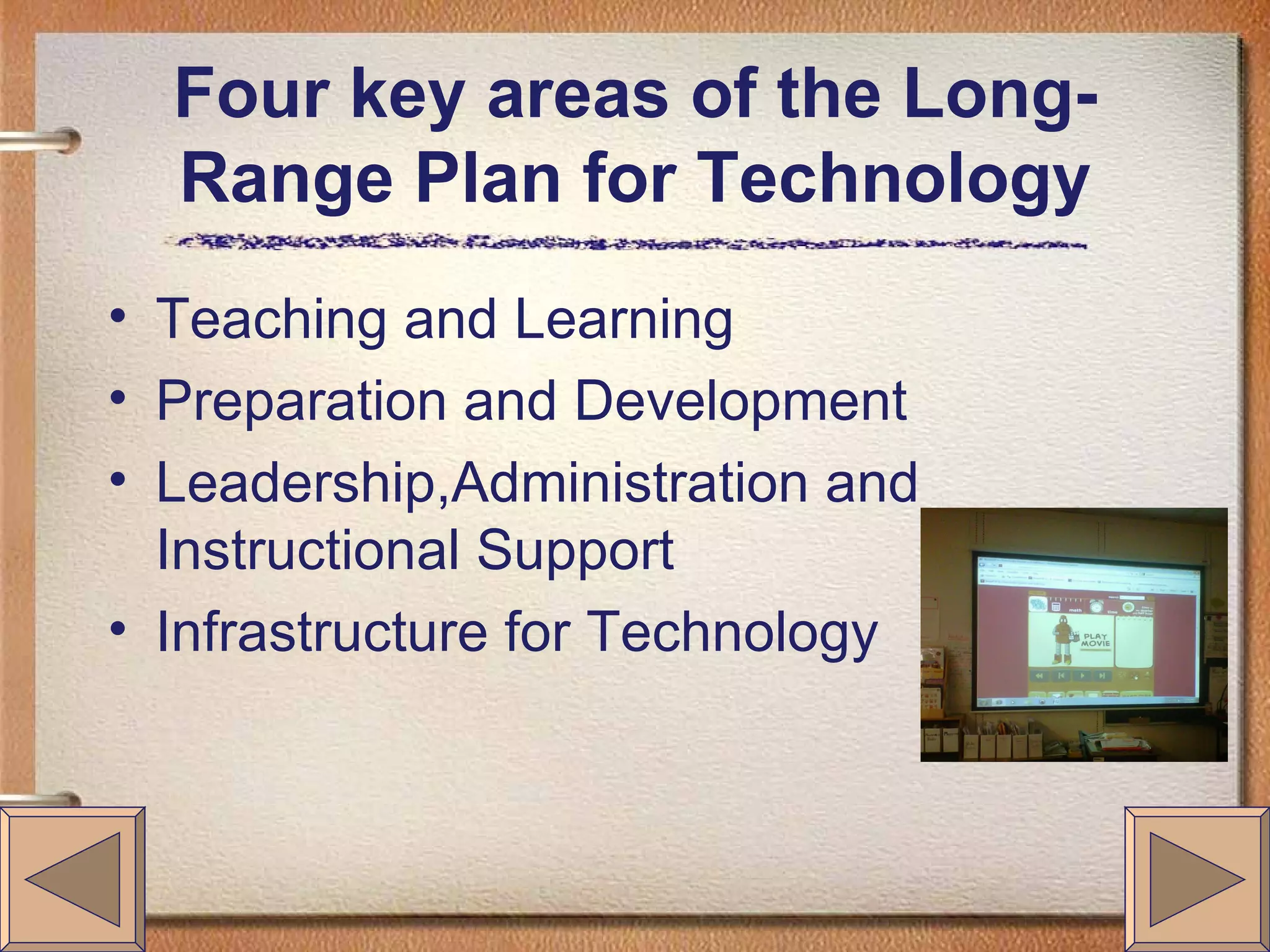 Four key areas of the Long-Range Plan for Technology Teaching and Learning Preparation and Development Leadership,Administration and Instructional Support Infrastructure for Technology