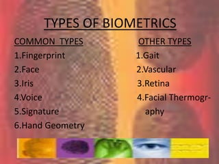 TYPES OF BIOMETRICSCOMMON  TYPESOTHER TYPES1.Fingerprint                                1.Gait2.Face                                            2.Vascular3.Iris                                               3.Retina4.Voice                                           4.Facial Thermogr-5.Signature                                       aphy6.Hand Geometry