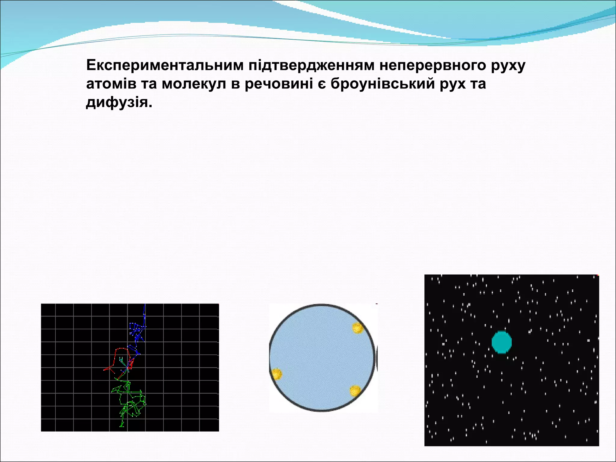 Експериментальним підтвердженням неперервного руху атомів та молекул в речовині є броунівський рух та дифузія.  