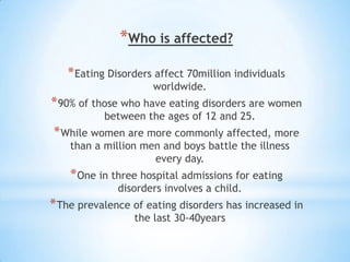 Who is affected?Eating Disorders affect 70million individuals worldwide.90% of those who have eating disorders are women between the ages of 12 and 25.While women are more commonly affected, more than a million men and boys battle the illness every day.One in three hospital admissions for eating disorders involves a child.The prevalence of eating disorders has increased in the last 30-40years