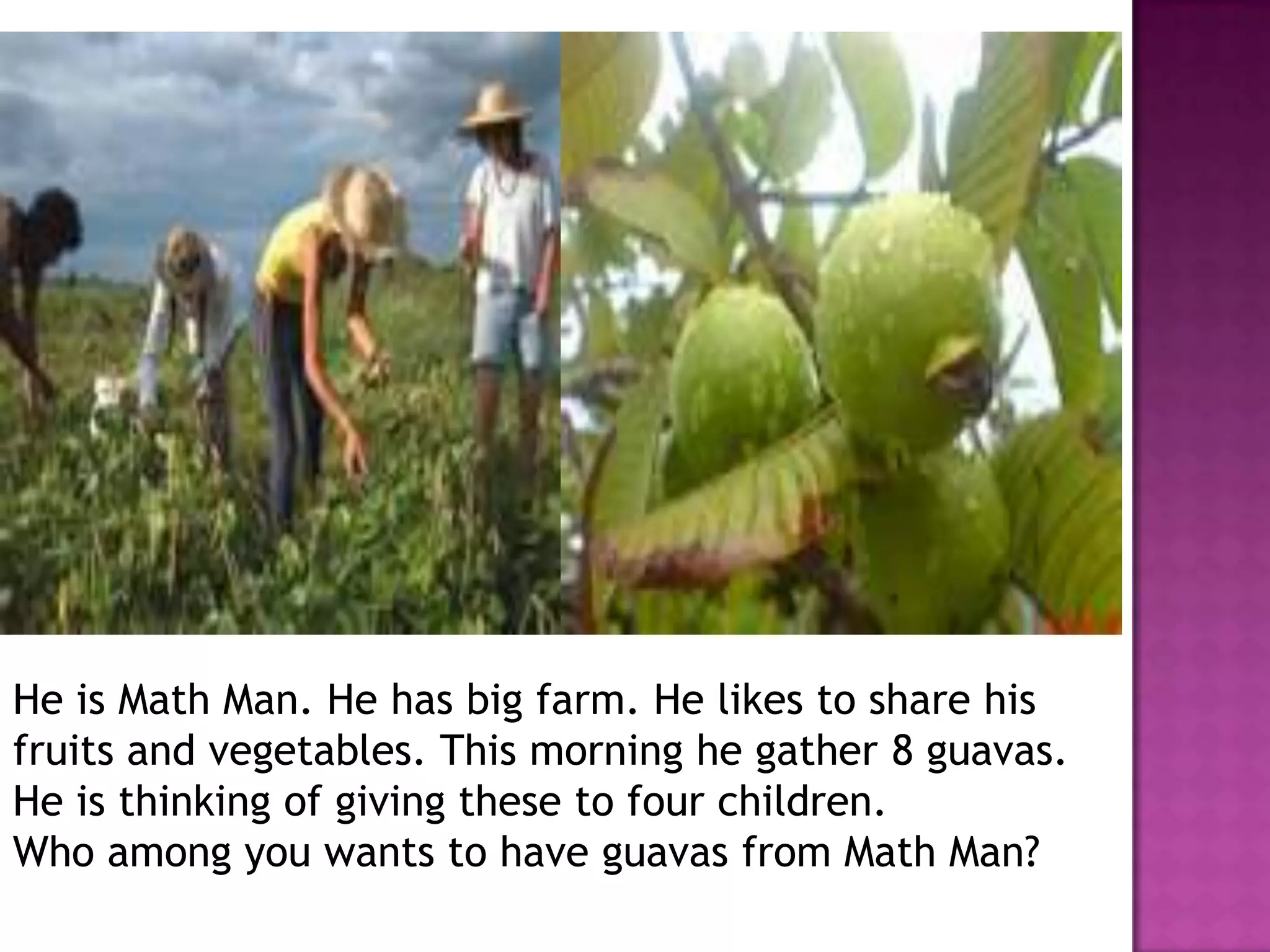 He is Math Man. He has big farm. He likes to share his fruits and vegetables. This morning he gather 8 guavas. He is thinking of giving these to four children.Who among you wants to have guavas from Math Man?