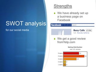 SWOT analysisfor our social mediaStrengthsWe have already set up a business page on FacebookWe get a good review fromYelp.com