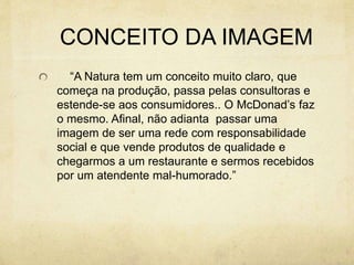 CONCEITO DA IMAGEM
“A Natura tem um conceito muito claro, que
começa na produção, passa pelas consultoras e
estende-se aos consumidores.. O McDonad’s faz
o mesmo. Afinal, não adianta passar uma
imagem de ser uma rede com responsabilidade
social e que vende produtos de qualidade e
chegarmos a um restaurante e sermos recebidos
por um atendente mal-humorado.”
 
