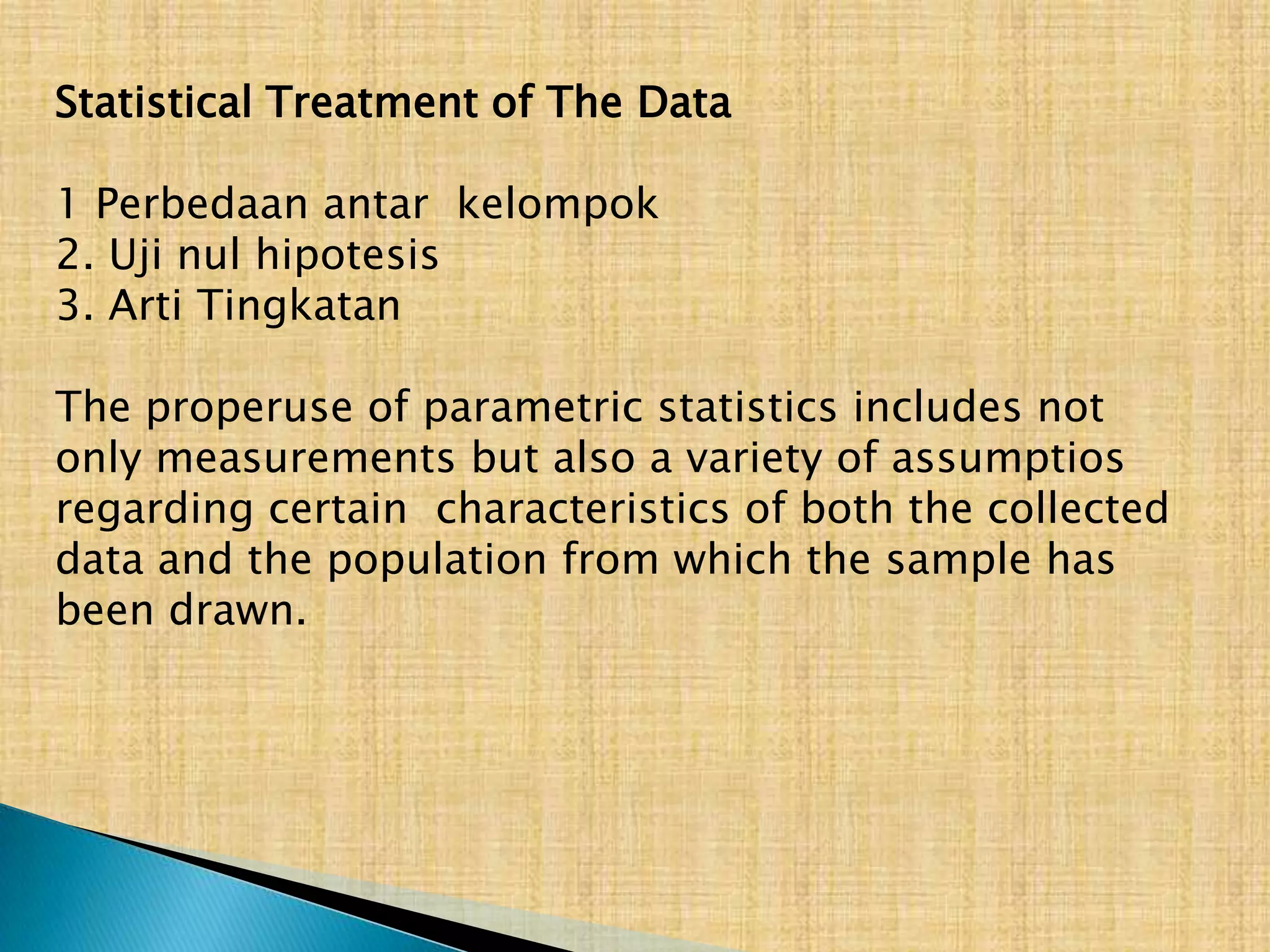 Experimental MethodsEksperimen sering digunakan dalam HCI untuk mengevaluasi disain yang diimplementasikan. Kekuatan eksperimen adalah me mungkinkan eksperimenter me ngontrol dan memanipulasi variabel tertentu di dalam lingkungan.DEFINISI ISTILAH DALAM EXPERIMENTAL METHODS  Dependent variable : Sesuatu yang diukur (waktu untuk menyelesaikan tugas) Independent variable : Karakteristik yang dimanipulasi (style of icon atau order of items on a menu) Experimental control : Variabel yang ditetapkan konstan dan diusahakan/tidak berubah selama eksperi ment berlangsung (time of day, machine on which the program is running Experimental factor : Dimensi yang digunakan untuk memani pulasi variabel (interface style might be one factor and level of expertise of users might be another factor 