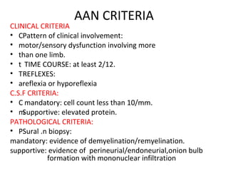AAN CRITERIA CLINICAL CRITERIA   Pattern of clinical involvement:  motor/sensory dysfunction involving more  than one limb.    TIME COURSE: at least 2/12.   REFLEXES:  areflexia or hyporeflexia  C.S.F CRITERIA:    mandatory: cell count less than 10/mm.   Supportive: elevated protein. PATHOLOGICAL CRITERIA:   Sural .n biopsy:  mandatory: evidence of demyelination/remyelination.  supportive: evidence of  perineurial/endoneurial,onion bulb   formation with mononuclear infiltration 