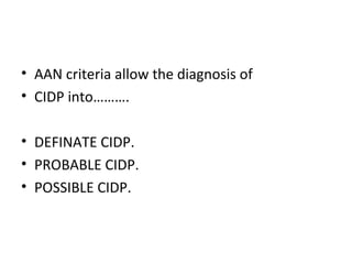 AAN criteria allow the diagnosis of  CIDP into……….  DEFINATE CIDP.  PROBABLE CIDP.  POSSIBLE CIDP. 