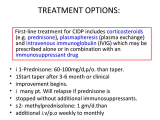 TREATMENT OPTIONS:  First-line treatment for CIDP includes  corticosteroids  (e.g.  prednisone ),  plasmapheresis  (plasma exchange) and  intravenous immunoglobulin  (IVIG) which may be prescribed alone or in combination with an  immunosuppressant drug  1-Prednisone: 60-100mg/d,p/o. than taper.   Start taper after 3-6 month or clinical  improvement begins.    many pt. Will relapse if prednisone is  stopped without additional immunosuppressants.   2- methylprednisolone: 1 gm/d.than  additional i.v/p.o weekly to monthly 