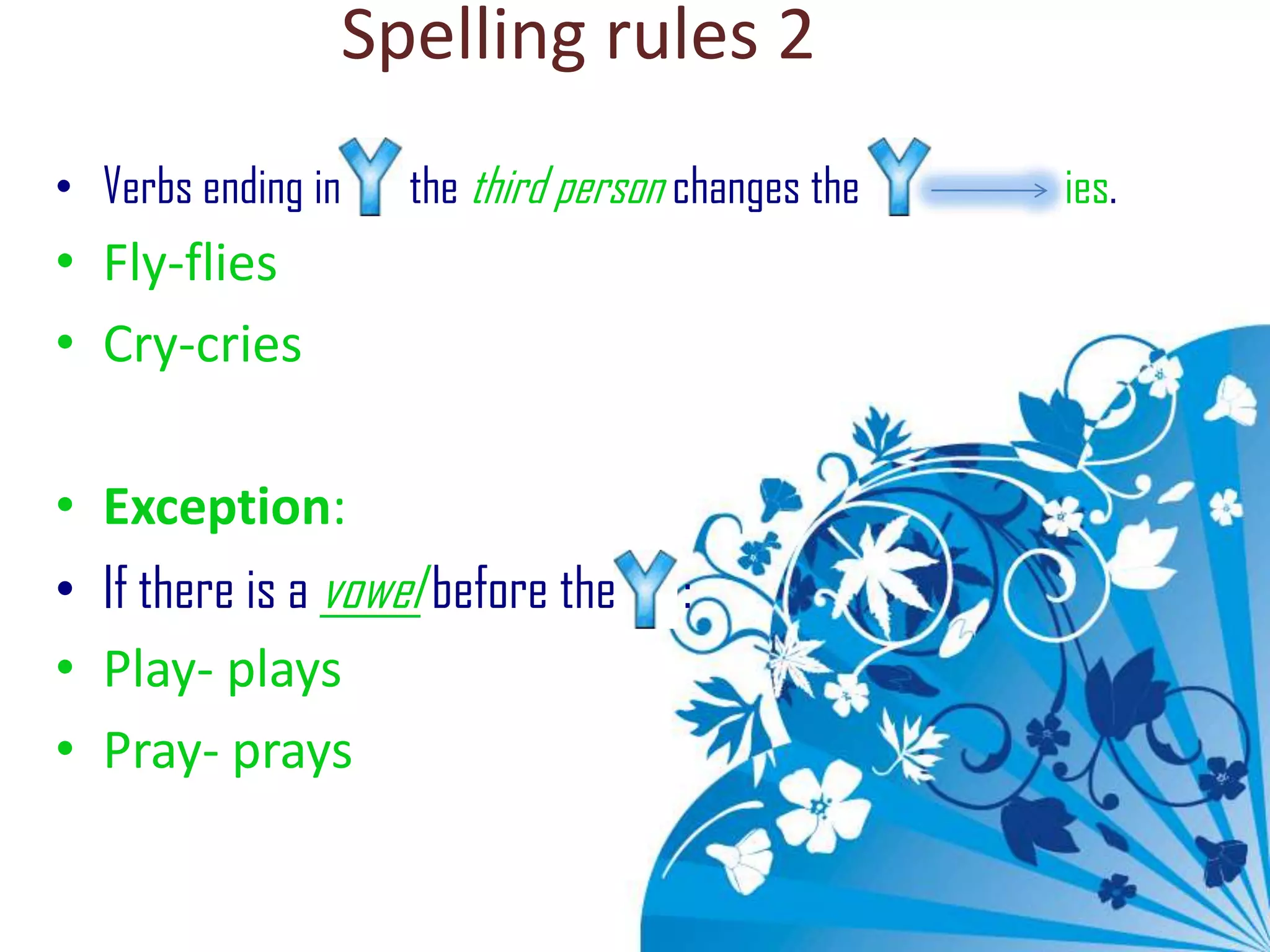 Spelling rules 2Verbs ending in       the third personchanges the              ies.Fly-fliesCry-criesException:If there is a vowel before the      :Play- playsPray- prays