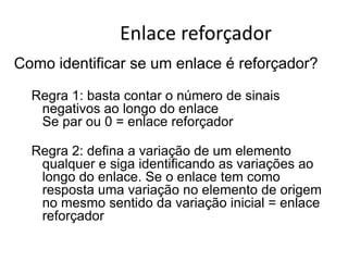 Enlace reforçadorComo identificar se um enlace é reforçador?Regra 1: basta contar o número de sinais negativos ao longo do enlaceSe par ou 0 = enlace reforçadorRegra 2: defina a variação de um elemento qualquer e siga identificando as variações ao longo do enlace. Se o enlace tem como resposta uma variação no elemento de origem no mesmo sentido da variação inicial = enlace reforçador