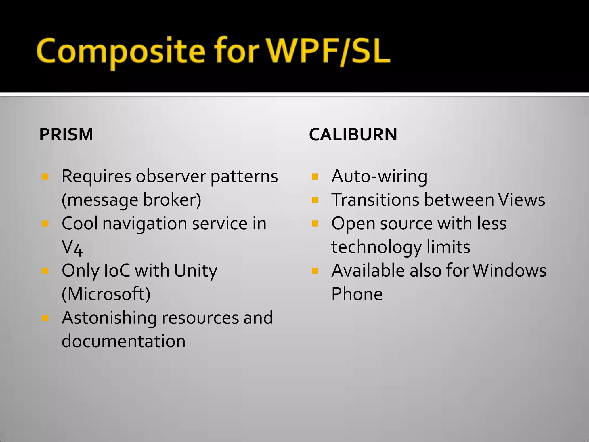 Composite for WPF/SLPrismRequires observer patterns (message broker)Cool navigation service in V4Only IoC with Unity (Microsoft)Astonishing resources and documentationcaliburnAuto-wiringTransitions between ViewsOpen source with less technology limitsAvailable also for Windows Phone