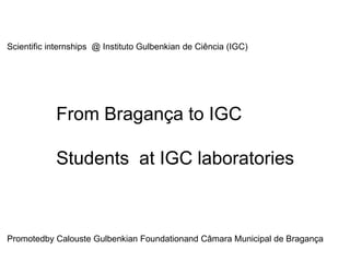 Scientific internships  @ Instituto Gulbenkian de Ciência (IGC) From Bragança to IGC  Students  at IGC laboratories Promotedby Calouste Gulbenkian Foundationand Câmara Municipal de Bragança 