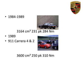 1984-1989,[object Object],              3164 cm³ 231 pk 284 Nm,[object Object],1989,[object Object],911 Carrera 4 & 2,[object Object],              3600 cm³ 250 pk 310 Nm,[object Object]
