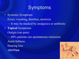 Symptoms
• Systemic Symptoms
  Fever, vomiting, diarrhea, anorexia
   – It may be masked by analgesics or antibiotic
• Topical Symptoms
  Otalgia (ear pain)
   – 60% patients can spontaneous remission
  Aural fullness
  Hearing loss
  otorrhea
 