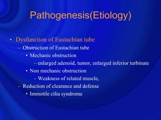 Pathogenesis(Etiology)

• Dysfunction of Eustachian tube
   – Obstruction of Eustachian tube
      • Mechanic obstruction
          – enlarged adenoid, tumor, enlarged inferior turbinate
      • Non mechanic obstruction
          – Weakness of related muscle,
   – Reduction of clearance and defense
      • Immotile cilia syndrome
 