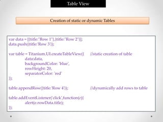 Table View


                         Creation of static or dynamic Tables



var data = [{title:"Row 1"},{title:"Row 2"}];
data.push({title:'Row 3'});

var table = Titanium.UI.createTableView({       //static creation of table
          data:data,
          backgroundColor: 'blue',
          rowHeight: 20,
          separatorColor: 'red'
});

table.appendRow({title:'Row 4'});               //dynamically add rows to table

table.addEventListener('click',function(e){
         alert(e.rowData.title);
});
 