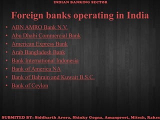 Foreign banks operating in IndiaABN AMRO Bank N.V.Abu Dhabi Commercial BankAmerican Express BankArab Bangladesh BankBank International IndonesiaBank of America NABank of Bahrain and Kuwait B.S.C.Bank of Ceylon