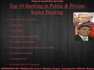 Top 10 Banking in Public & Private Sector Banking 1. State Bank of India (SBI)2. HDFC Bank4. ICICI Bank 5. Punjab National bank(PNB)6. UTI Bank (AXIS Bank)7. Hongkong & Shanghai Banking Corp(HSBC)8. Kotak Mahindra Bank 9. Sundaram Bank 10. Oriental Bank of Commerce 