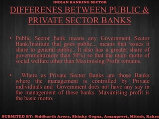 DIFFERENES BETWEEN PUBLIC & PRIVATE SECTOR BANKSPublic Sector bank means any Government Sector Bank/Institute that goes public... means that issues it share to general public.. It also has a greater share of government(more than 50%) so that the main motto of  social welfare other than Maximising Profit remains.    Where as Private Sector Banks are those Banks where the management is controlled by Private individuals and  Government does not have any say in the management of these banks. Maximising profit is the basic motto.