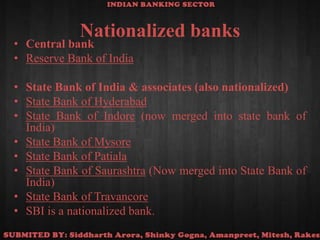 Nationalized banksCentral bankReserve Bank of IndiaState Bank of India & associates (also nationalized)State Bank of HyderabadState Bank of Indore (now merged into state bank of India)State Bank of MysoreState Bank of PatialaState Bank of Saurashtra (Now merged into State Bank of India)State Bank of TravancoreSBI is a nationalized bank.