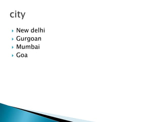 New delhiGurgoanMumbaiGoacity