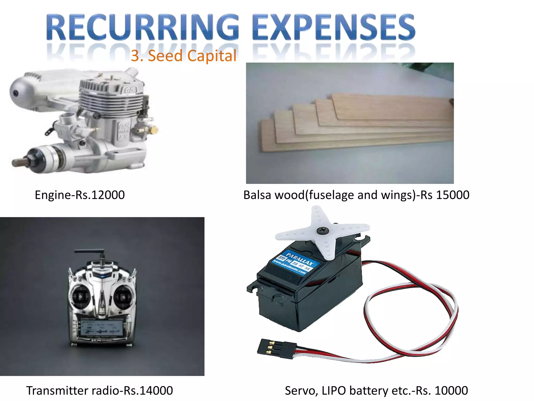 Recurring Expenses3. Seed CapitalEngine-Rs.12000Balsa wood(fuselage and wings)-Rs 15000Transmitter radio-Rs.14000Servo, LIPO battery etc.-Rs. 10000