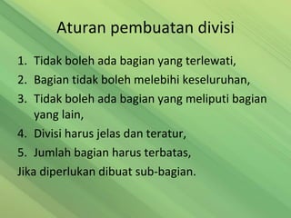 Aturan pembuatan divisi Tidak boleh ada bagian yang terlewati, Bagian tidak boleh melebihi keseluruhan, Tidak boleh ada bagian yang meliputi bagian yang lain, Divisi harus jelas dan teratur, Jumlah bagian harus terbatas, Jika diperlukan dibuat sub-bagian. 