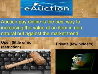 Auction pay online is the best way to
increasing the value of an item in non
natural but against the market trend.
Open (little or no       Private (few bidders)
restriction)
 