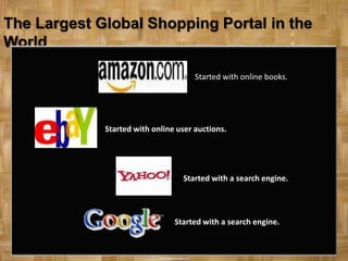 The Largest Global Shopping Portal in the
World

                                      Started with online books.




             Started with online user auctions.




                                  Started with a search engine.




                                Started with a search engine.
 