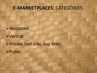 E-MARKETPLACES: CATEGORIES


Horizontal
Vertical
Private (sell side, buy side)
Public
 