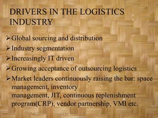 DRIVERS IN THE LOGISTICS
 INDUSTRY
Global sourcing and distribution
Industry segmentation
Increasingly IT driven
Growing acceptance of outsourcing logistics
Market leaders continuously raising the bar: space
 management, inventory
 management, JIT, continuous replenishment
 program(CRP), vendor partnership, VMI etc.
 