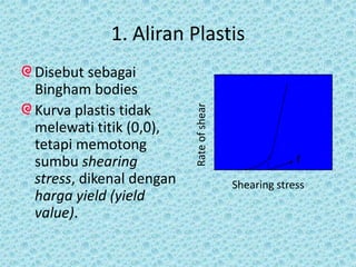 1. Aliran Plastis
Disebut sebagai
Bingham bodies




                         Rate of shear
Kurva plastis tidak
melewati titik (0,0),
tetapi memotong
sumbu shearing                                        f
stress, dikenal dengan                   Shearing stress
harga yield (yield
value).
 