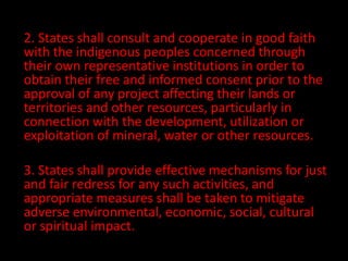 2. States shall consult and cooperate in good faith
with the indigenous peoples concerned through
their own representative institutions in order to
obtain their free and informed consent prior to the
approval of any project affecting their lands or
territories and other resources, particularly in
connection with the development, utilization or
exploitation of mineral, water or other resources.

3. States shall provide effective mechanisms for just
and fair redress for any such activities, and
appropriate measures shall be taken to mitigate
adverse environmental, economic, social, cultural
or spiritual impact.
 