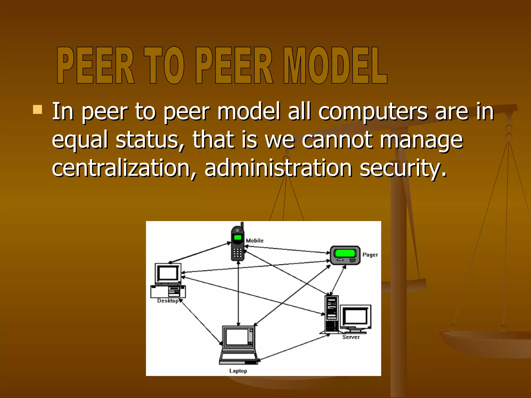 In peer to peer model all computers are in equal status, that is we cannot manage centralization, administration security.  PEER TO PEER MODEL 
