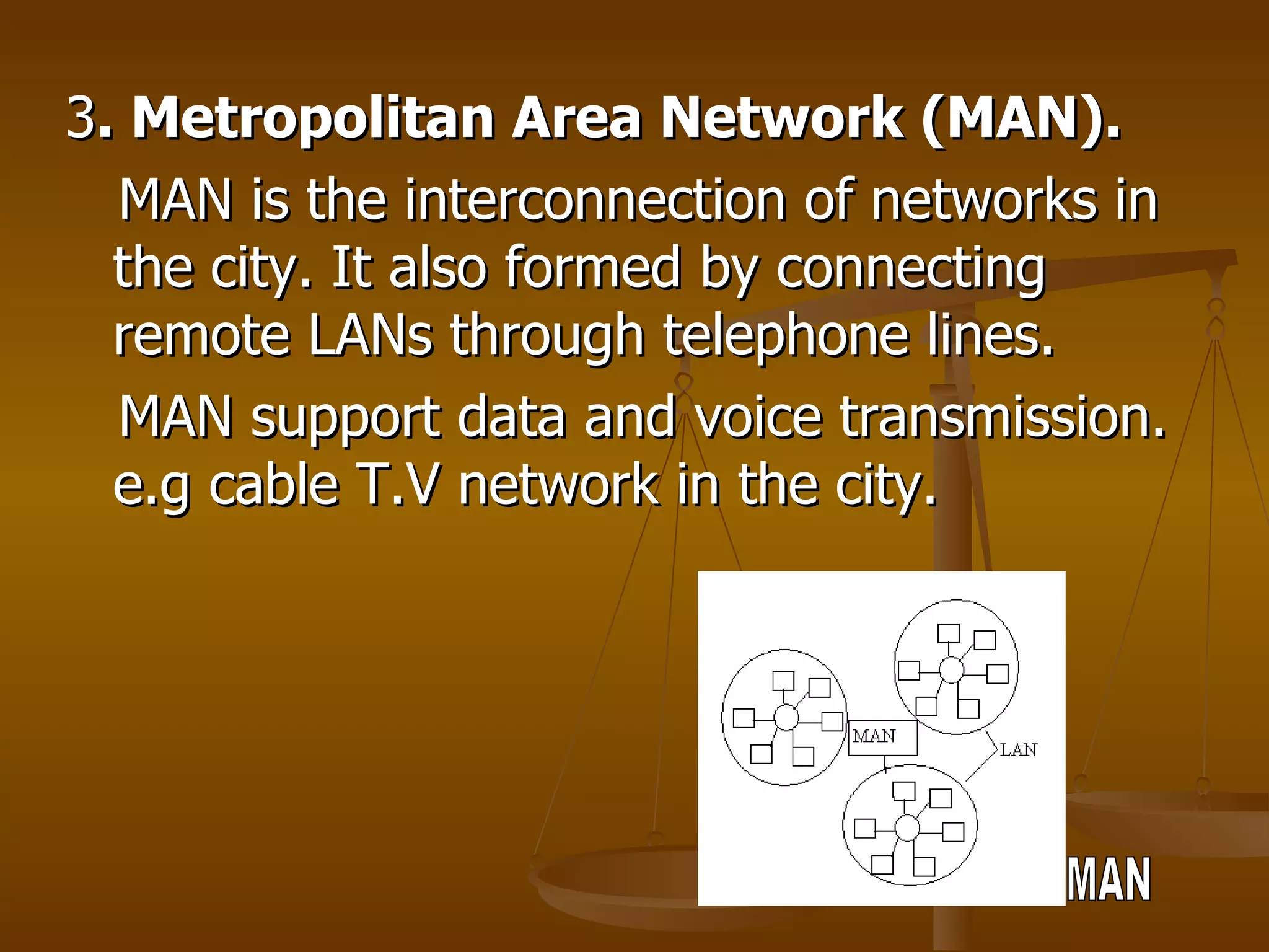 3 . Metropolitan Area Network (MAN). MAN is the interconnection of networks in the city. It also formed by connecting remote LANs through telephone lines. MAN support data and voice transmission. e.g cable T.V network in the city. MAN 