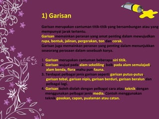 <ul><ul><li>1) Garisan </li></ul></ul><ul><li>Garisan merupakan cantuman titik-titik yang bersambungan atau yang mempunyai...