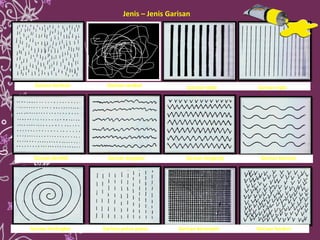 Jenis – Jenis Garisan Garisan berbulu  Garisan tebal Garisan nipis Garisan bertitik Garisan bergetar Garisan bergerigi Gar...