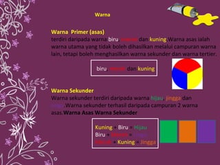 Warna  Primer (asas)   terdiri daripada warna  biru ,  merah  dan  kuning .Warna asas ialah warna utama yang tidak boleh d...