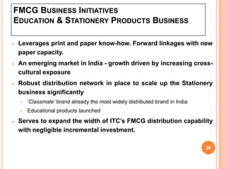 FMCG BUSINESS INITIATIVES
EDUCATION & STATIONERY PRODUCTS BUSINESS

   Leverages print and paper know-how. Forward linkages with new
    paper capacity.
   An emerging market in India - growth driven by increasing cross-
    cultural exposure
   Robust distribution network in place to scale up the Stationery
    business significantly
    •   ‘Classmate’ brand already the most widely distributed brand in India
    •   Educational products launched
   Serves to expand the width of ITC’s FMCG distribution capability
    with negligible incremental investment.

                                                                               20
 