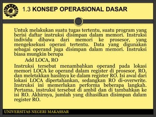 Untuk melakukan suatu tugas tertentu, suatu program yang
    berisi daftar instruksi disimpan dalam memori. Instruksi
    individu dibawa dari memori ke prosesor, yang
    mengeksekusi operasi tertentu. Data yang digunakan
    sebagai operand juga disimpan dalam memori. Instruksi
    biasa mungkin berupa
         Add LOCA, RO
    Instruksi tersebut menambahkan operand pada lokasi
    memori LOCA ke operand dalam register di prosesor, RO,
    dan meletakkan hasilnya ke dalam register RO. Isi awal dari
    lokasi LOCA dipertahankan, sedangkan RO di-overwrite.
    Instruksi ini memerlukan performa beberapa langkah.
    Pertama, instruksi tersebut di ambil dan di tambahkan ke
    isi RO. Akhirnya, jumlah yang dihasilkan disimpan dalam
    register RO.

UNIVERSITAS NEGERI MAKASSAR
 