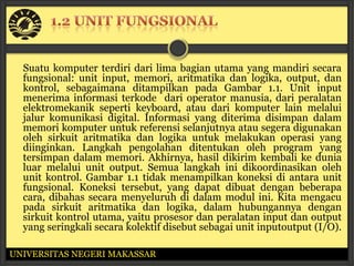 Suatu komputer terdiri dari lima bagian utama yang mandiri secara
  fungsional: unit input, memori, aritmatika dan logika, output, dan
  kontrol, sebagaimana ditampilkan pada Gambar 1.1. Unit input
  menerima informasi terkode dari operator manusia, dari peralatan
  elektromekanik seperti keyboard, atau dari komputer lain melalui
  jalur komunikasi digital. Informasi yang diterima disimpan dalam
  memori komputer untuk referensi selanjutnya atau segera digunakan
  oleh sirkuit aritmatika dan logika untuk melakukan operasi yang
  diinginkan. Langkah pengolahan ditentukan oleh program yang
  tersimpan dalam memori. Akhirnya, hasil dikirim kembali ke dunia
  luar melalui unit output. Semua langkah ini dikoordinasikan oleh
  unit kontrol. Gambar 1.1 tidak menampilkan koneksi di antara unit
  fungsional. Koneksi tersebut, yang dapat dibuat dengan beberapa
  cara, dibahas secara menyeluruh di dalam modul ini. Kita mengacu
  pada sirkuit aritmatika dan logika, dalam hubungannya dengan
  sirkuit kontrol utama, yaitu prosesor dan peralatan input dan output
  yang seringkali secara kolektif disebut sebagai unit inputoutput (I/O).

UNIVERSITAS NEGERI MAKASSAR
 