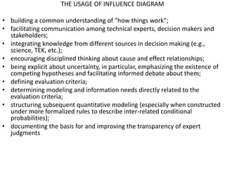 THE USAGE OF INFLUENCE DIAGRAM

• building a common understanding of “how things work”;
• facilitating communication among technical experts, decision makers and
  stakeholders;
• integrating knowledge from different sources in decision making (e.g.,
  science, TEK, etc.);
• encouraging disciplined thinking about cause and effect relationships;
• being explicit about uncertainty, in particular, emphasizing the existence of
  competing hypotheses and facilitating informed debate about them;
• defining evaluation criteria;
• determining modeling and information needs directly related to the
  evaluation criteria;
• structuring subsequent quantitative modeling (especially when constructed
  under more formalized rules to describe inter-related conditional
  probabilities);
• documenting the basis for and improving the transparency of expert
  judgments
 