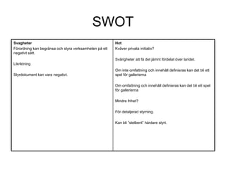 SWOT Hot Kväver privata initiativ? Svårigheter att få det jämnt fördelat över landet. Om inte omfattning och innehåll definieras kan det bli ett spel för gallerierna Om omfattning och innehåll definieras kan det bli ett spel för gallerierna Mindre frihet? För detaljerad styrning. Kan bli ”stelbent” hårdare styrt. Svagheter Förordning kan begränsa och styra verksamheten på ett negativt sätt. Likriktning Styrdokument kan vara negativt. 