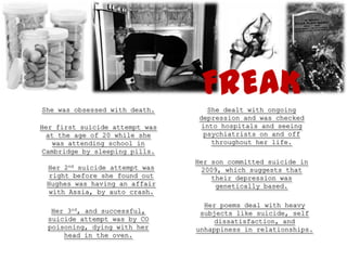FREAK
She was obsessed with death.       She dealt with ongoing
                                 depression and was checked
Her first suicide attempt was     into hospitals and seeing
 at the age of 20 while she       psychiatrists on and off
   was attending school in          throughout her life.
Cambridge by sleeping pills.
                                Her son committed suicide in
 Her 2nd suicide attempt was     2009, which suggests that
 right before she found out         their depression was
 Hughes was having an affair         genetically based.
 with Assia, by auto crash.
                                  Her poems deal with heavy
   Her 3rd, and successful,      subjects like suicide, self
  suicide attempt was by CO          dissatisfaction, and
  poisoning, dying with her     unhappiness in relationships.
      head in the oven.
 