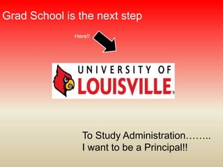 Grad School is the next step
              Here!!




                To Study Administration……..
                I want to be a Principal!!
 